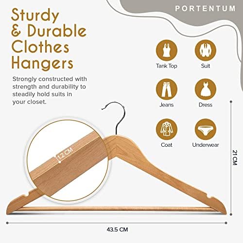 PORTENTUM Wooden Hangers, Pack of 10, Natural Colour. 360º Swivel Hook, All Types of Clothes, Trouser Hangers, Non-Slip 