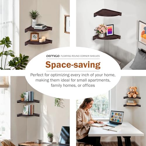 Demigo Round Floating Corner Shelves, Dark Brown Wall Shelf, Set of 2