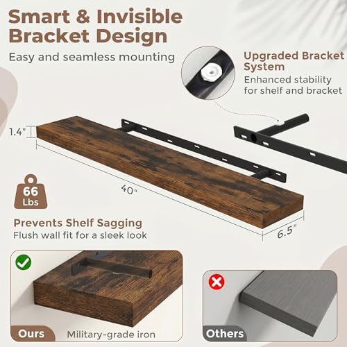 40 Inch Floating Shelves for Wall, 6.5"D Wood Storage Shelves, Brown Finish