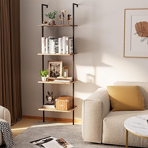 Wolawu Ladder Shelf 4 Tiers Metal Industrial Bookshelf,Brown Wood Tall Open Storage Rack and Display Shelves,Wall Mount 