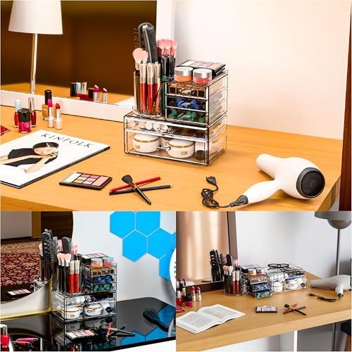 Clear Acrylic Makeup Organizers for Vanity,Countertop,3 Pack Make up Drawer Organizer With Makeup Brush Holder,Plastic S