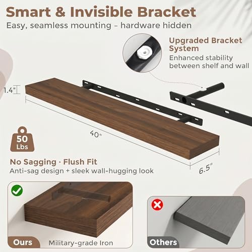 FLYJOE 40 Inch Floating Shelves for Wall Set of 2, 6.5" D Wood Grain Bathroom Shelves with Invisible Brackets, Easy Install Engineered Wood Storage Shelves for Kitchen, Living Room, Bedroom