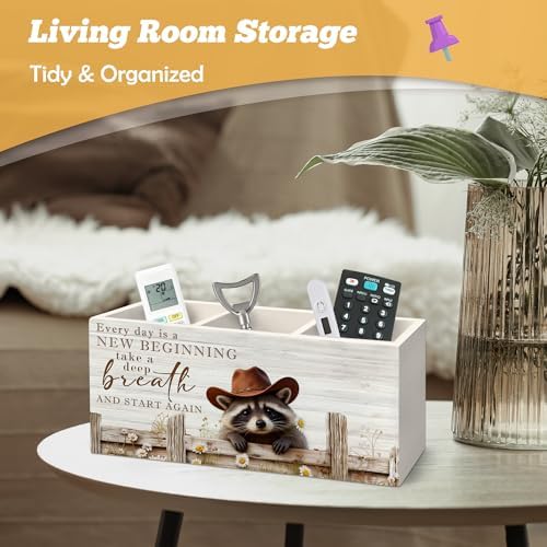 Inspirational Western Cowboy Raccoon Pen Holder Organizer for Desk Accessories, Farmhouse Daisy Floral Raccoon Affirmation Wooden Box Sign Desk Decorations for Home Office Decor
