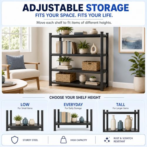 Metal Bookshelf Adjustable Bolt-Free Bookcase Heavy Duty Book Shelf 2000LBS