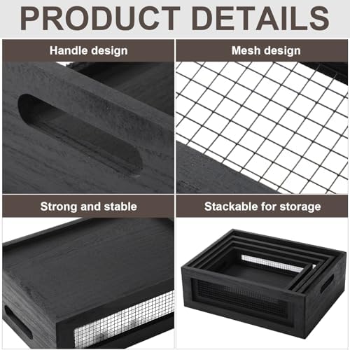 FillTouch 4 Pcs Wooden Nesting Countertop Baskets, Black, Small