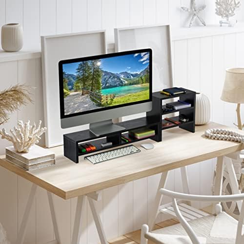 Relaxdays Monitor Stand with Shelves, 2 Parts, Organiser, Laptop Shelf for Desk, Desk Riser, Office, Black, 1 Piece