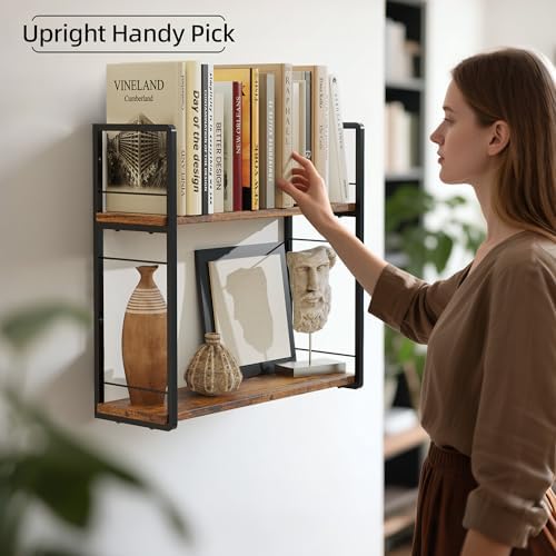 Floating Book Shelves for Wall, 2-Layer Wall Bookshelf for Book Storage, Space Saver, 16in Stud Hanging Shelf, Bedside S