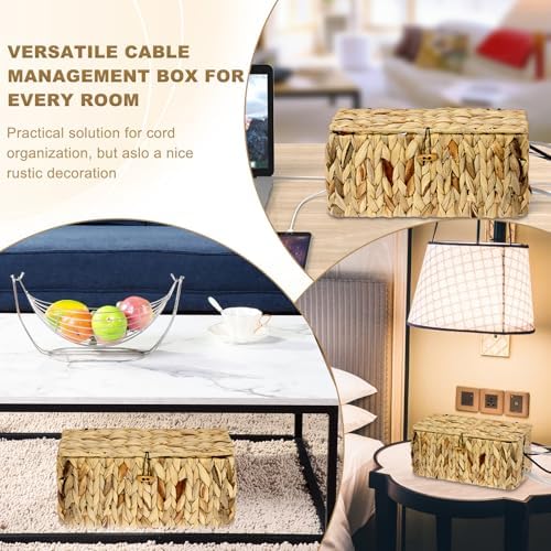 BTSKY Woven Cable Management Box with Lid Water Hyacinth Cord Organizer, L