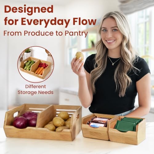 HOMESTEAD Stackable Solid Wood Storage Bins for Pantry & Countertop, Ventilated Potato and Onion Organizer with Handles,