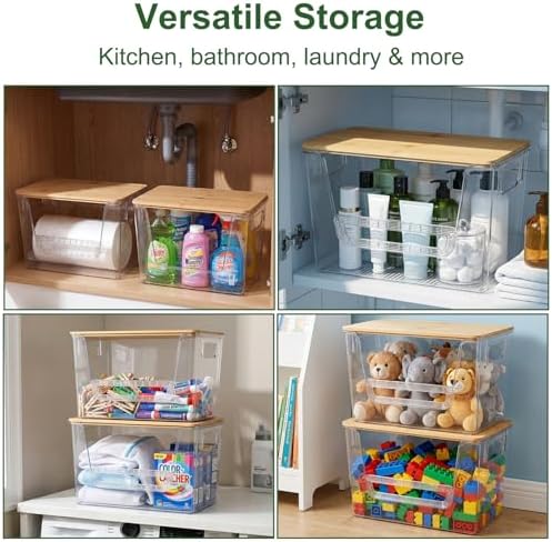 FUSHITON 2 Set Pantry Organizers, Clear Trash Bag Holder with Bamboo Lids