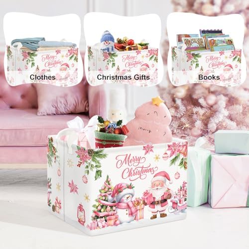 Clastyle Pink Santa Claus Snowman Christmas Gift Basket Merry Christmas Poinsettia Tree Nursery Bin Sleigh Snowflake Xmas Balls Ornament Storage Kid Clothes Toy Book Shelf Basket