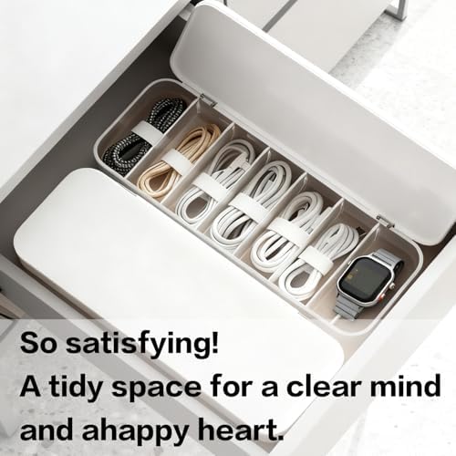 Cable Organizer Box with 7 Wire Ties, 2 Pack Desktop Cord Management Storage Case with Lid, 7 Compartments for Chargers 