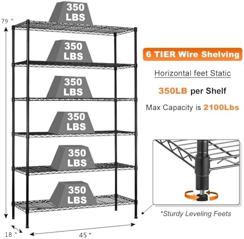6-Tier Storage Shelves, Heavy Duty Metal Shelving Unit with Wheels | Rust-Resistant Wire Shelf | 45" L x 18" W x 82" H |