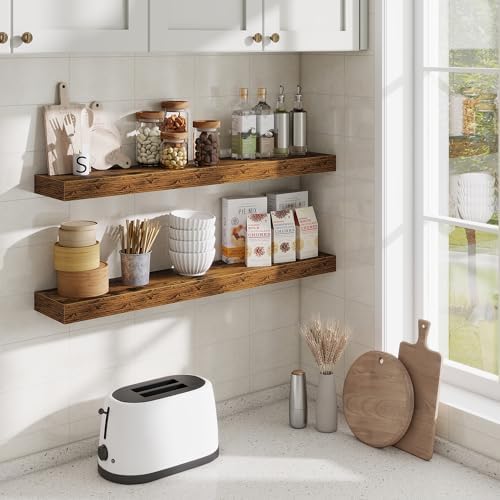 Fun Memories Floating Shelves for Room Wall, 36 Inch Long Shelf Set of 2， Hanging Wood Shelves for Storage & Display, Ru