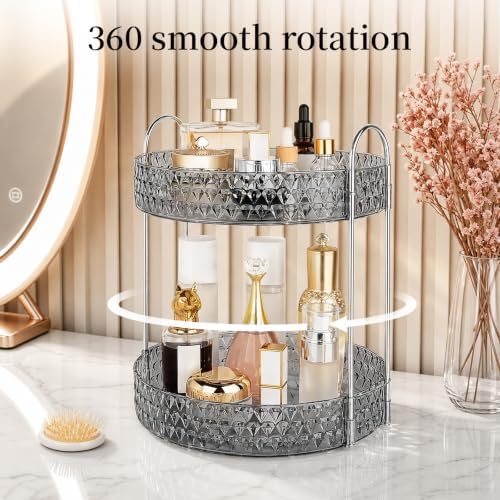 Large Capacity Rotating Makeup Organizer Perfume Stand Holder, 2 Tier Gray