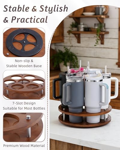 Rotating Wood Tumbler Organizer, 30 oz 40 oz Spinning Turnable Tumblers Holder, 360° Rotatable 7 Large Cups Bottle Tumbl