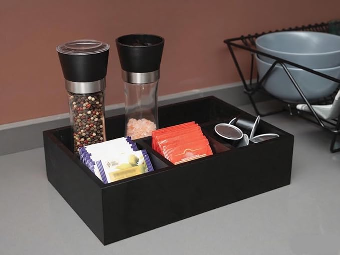 Tea Bag Organizer Black Wood Tea Bag Holder 4 Compartments Coffee Drawer | Large Capacity Sugar Packet Holder Coffee Station Organizer Tea Bags Caddy Drawer Storage Container for Countertop