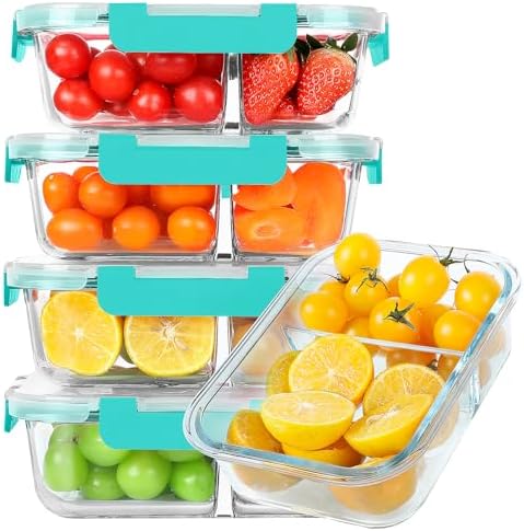 KOMUEE 30 oz 5 Pack Glass Meal Prep Containers 2 Compartments, Green