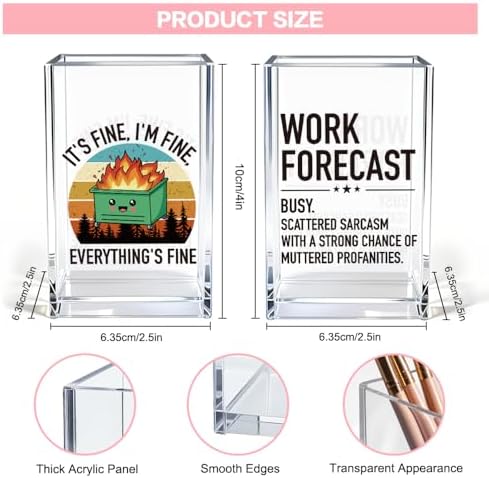 Everything's Fine Work Forecast Funny Acrylic Pencil Pen Holder Cup Set 2, Cute Pencil Holder Desk Organizer, Dumpster Fire Desk Accessories, Sarcastic Office Gifts for Women Men Coworkers