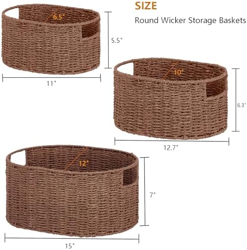 Vagusicc Wicker Storage Basket, Set of 3 Hand-woven Storage Baskets for Organizing, Round Large Wicker Baskets for Stora