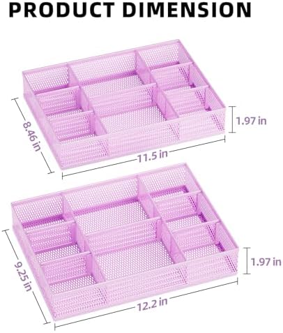 Marbrasse 2 Pack Desk Drawer Organizer, Mesh Drawer Organizer Tray with 8 Adjustable Compartments, Desk Organizers and Accessories, 5 Dividers Drawer for Office Supplies, Makeup & Vanity (Purple)