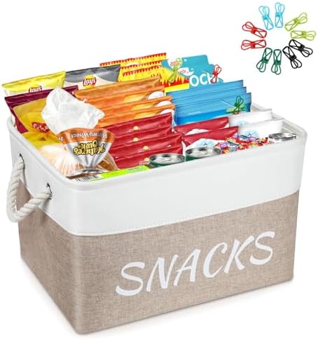 Snack Organizer for Pantry, Decorative Snack Basket with 10pcs Chip Clips, Snack Organizer for Desktop, Collapsible Snac
