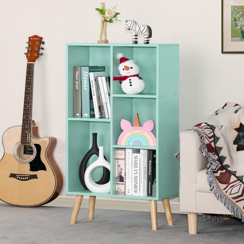 LEYAOYAO 5 Cube Bookshelf, Mid-Century Modern Book Shelf with Legs, Green