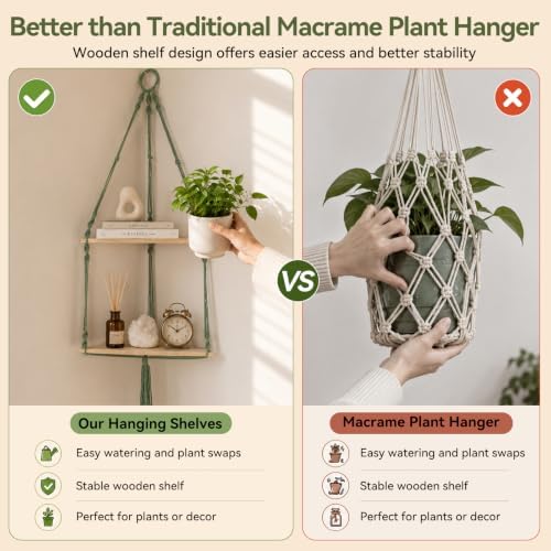 Artilady Corner Shelf Macrame Wall Hanging, Adjust Boho Storage Art, 2 Tier
