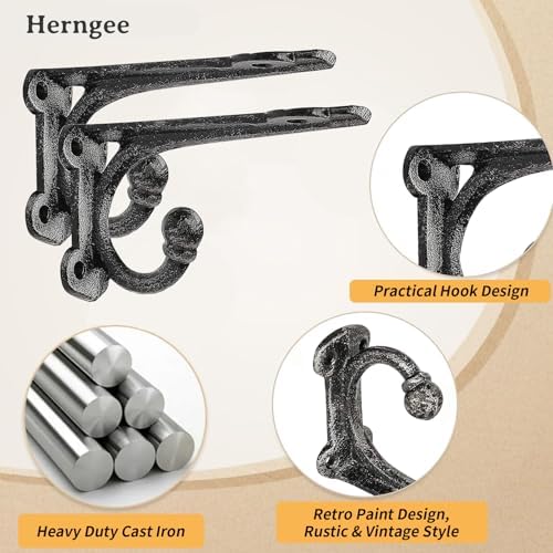 Shelf Brackets 4 Inch 2 Pack, Cast Iron Shelf Brackets for Wall Shelving, Rustic Shelving Brackets with Hooks Black, Hea