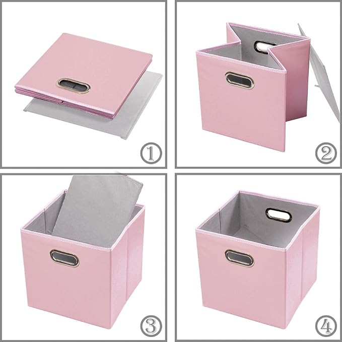 PRANDOM Leather Foldable Cube Storage Bins 11x11 inch [4-Pack] Fabric Storage Baskets Cubes Drawer with Cotton Handles Organizer for Shelves Nursery Closet Bedroom Clothes Pink