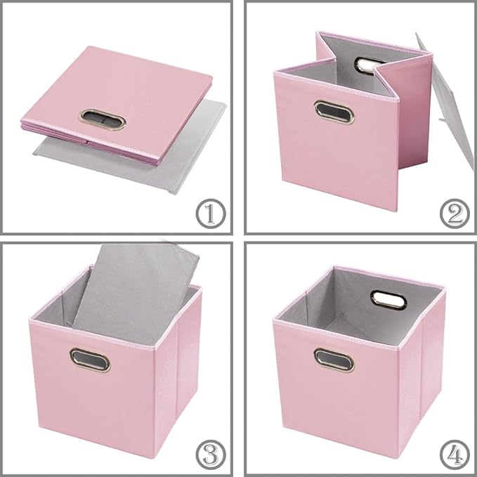 PRANDOM Leather Foldable Cube Storage Bins 13x13 inch [4-Pack] Fabric Storage Baskets Cubes Drawer with Cotton Handles Organizer for Shelves Nursery Closet Bedroom Clothes Pink