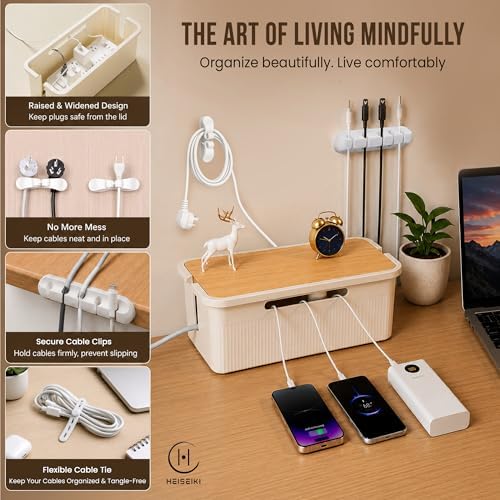 Cable Management Box, Cord Organizer, Pine Wood Lid, Cream White