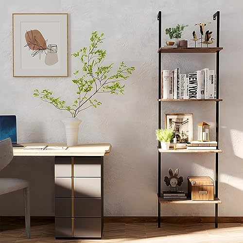 Wolawu Ladder Shelf 4 Tiers Metal Industrial Bookshelf,Brown Wood Tall Open Storage Rack and Display Shelves,Wall Mount 