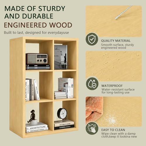 CTESNE【2026 Wooden Thick Frame 6 Cube Storage Organizer Shelf with Anti-Tipping Kits + Reversible Open Back Bookcase, Ho