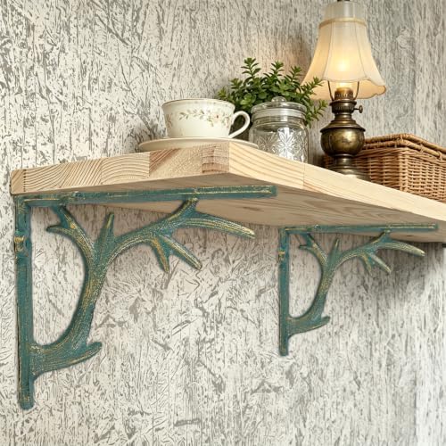1PCS Cast Iron Deer Antler Wall Shelf Bracket, 6.2in (H), Green & Gold