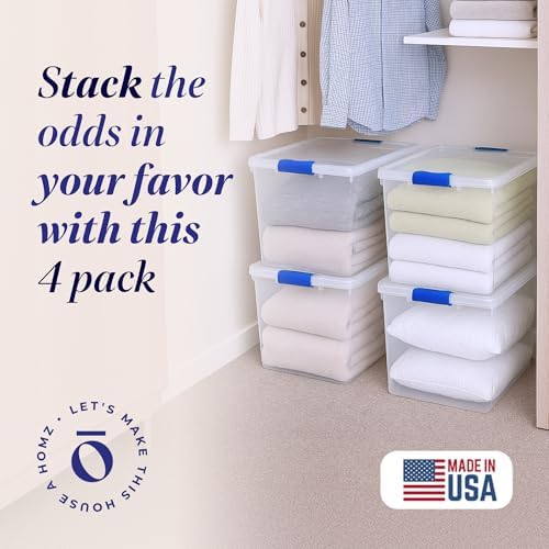 HOMZ Clear Plastic Storage Bins with Latching Lids, 31 Qt, Blue, 4 Pack