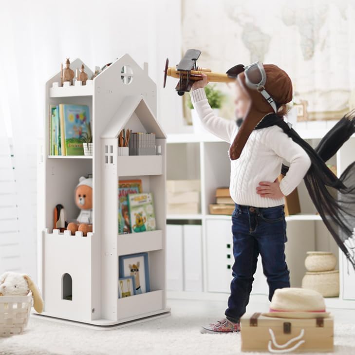 4-Tier Rotating Children's Bookshelf,Floor Standing Bookcase,360 Display Storage Rack,Book Display Shelf for Living Room