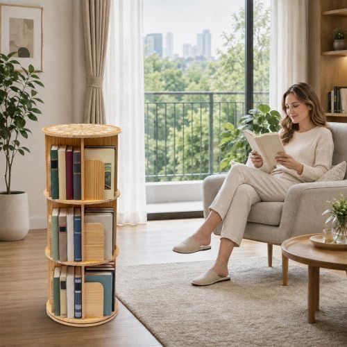 3 Tier Rotating Bookshelf Tower, Wood Revolving 360 Book Shelf, Vertical Rotate Turning Spiral Corner Organizer, Revolvi