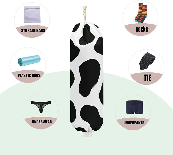 2Pcs Cow Plastic Bag Holder 22.5x9 Inch, Cute Cows Wall Mount Plastic Bag Organizer with Drawstring, Reusable Grocery Bags Storage Dispenser for Home Kitchen Pantry Decor, Cow Gifts for Women Mom