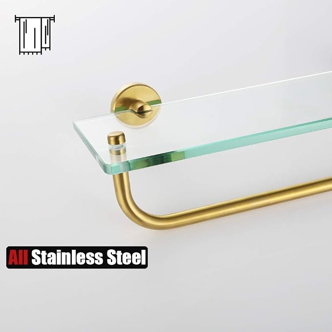 JQK Bathroom Glass Shelf, Shelf with 19 Inch Towel Bar Tempered Glass Shower Storage 20 by 5 inches, 304 Stainless Steel Brushed Gold Wall Mount, TGS100L20-BG