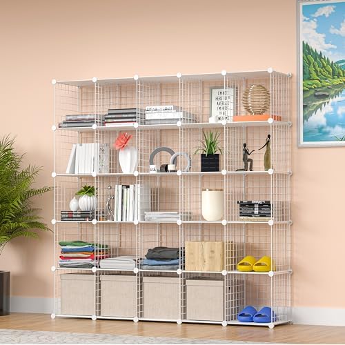 Cube Storage Organizer, Metal 25-Cube Shelves Bookshelf, Portable Closet Clothes Organizer for Bedroom, Home, Office, Wh