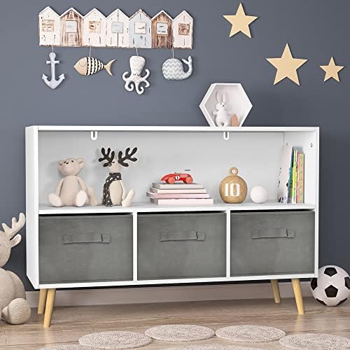 Kids Bookshelf Toy Storage Organizer with Collapsible Fabric Drawers, Wood Children Bookcase, Toy and Book Storage Displ