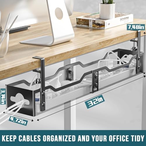 Under Desk Cable Management Tray 32'', Cable Management Under Desk No Drill, Cable Organizer with Clamp for Wire Managem