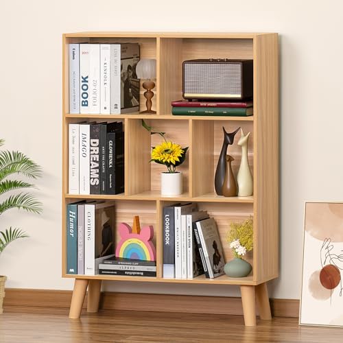 LEYAOYAO Cube Book Shelf, Mid-Century Modern Bookshelf with Legs, Natural