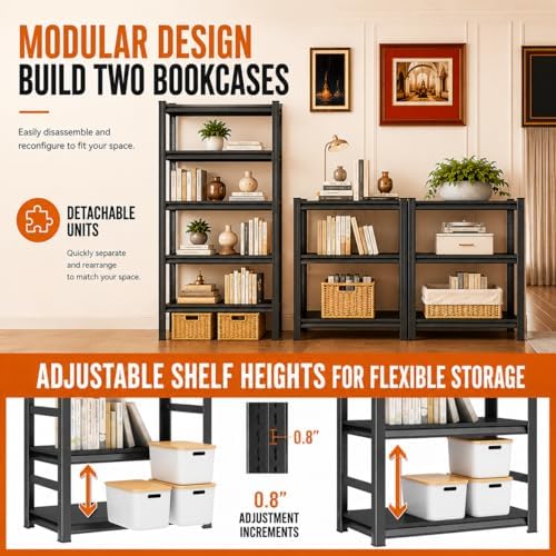 Modern 5 Tier Bookshelf, 71"H Adjustable Bookcase with Steel Frame and Metal Shelves, Utility Shelf Organizer, 1500LBS D