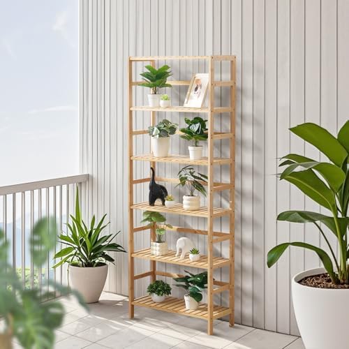 VEVOR 6-Tier Bamboo Shelf, Open Wood Bookshelf, Display Storage Rack Organizer, Freestanding Flower Plant Stand, Multifu