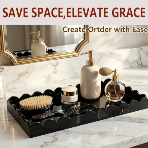 Black Scalloped Acrylic Tray 5mm Thicken for Vanity Makeup,Perfume,Soap Dispenser, Napkin,12x6 Decorative Serving Tray f