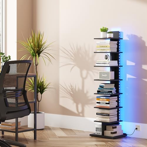 TUTOTAK Book Shelf, Narrow Spine Bookshelf, 8-Tier Bookcase with LED Lights