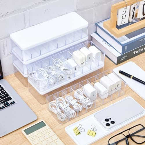 Tatuo Cord Organizer Box with Lid, Clear, White, 6 Pack