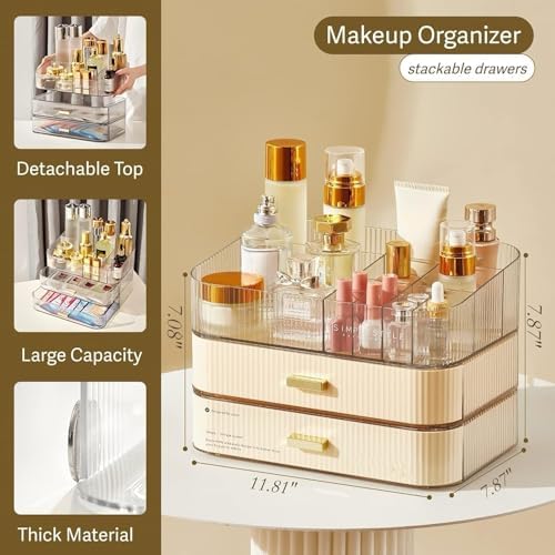 Makeup Organizer with Stackable Drawers, Bathroom Countertop Vanity Organizers and Storage, Ideal for Desk and Dresser, 